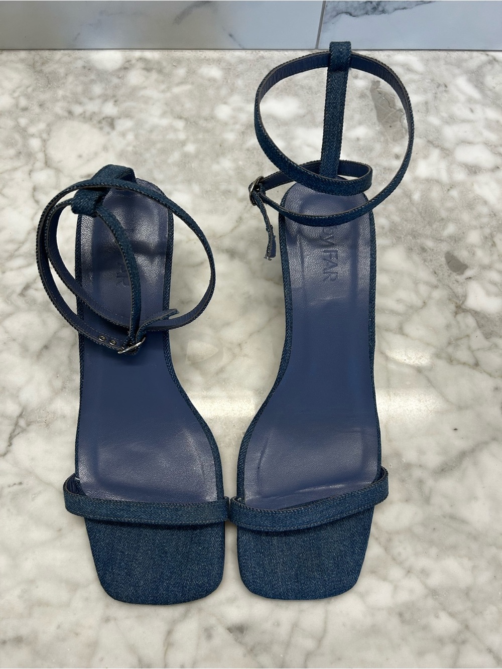 By Far Denim Sculptural Heel Sandals Ankle Strap Size 39 - Picture 3 of 4